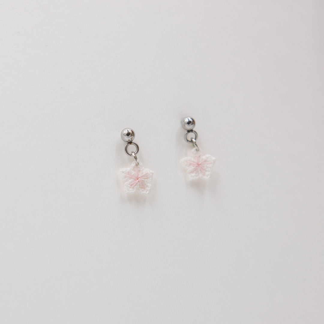 Pair of small earrings with pink floral charms on a light gray background