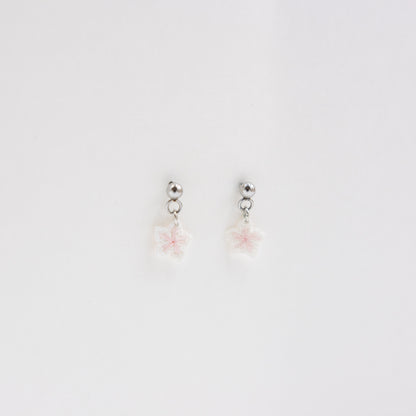 Pair of silver earrings with pink floral charms on a light gray background