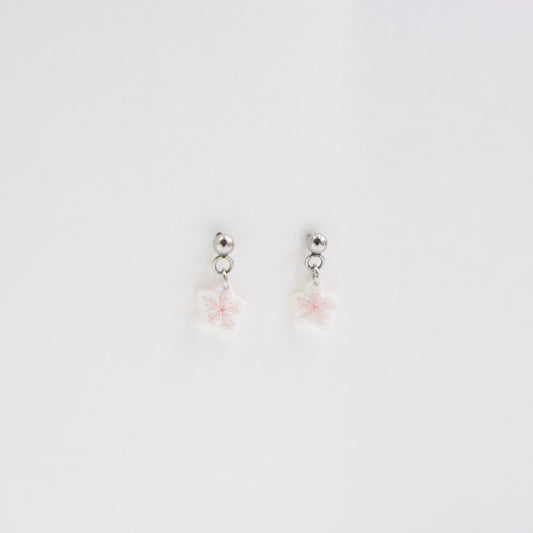 Pair of silver earrings with pink floral charms on a light gray background